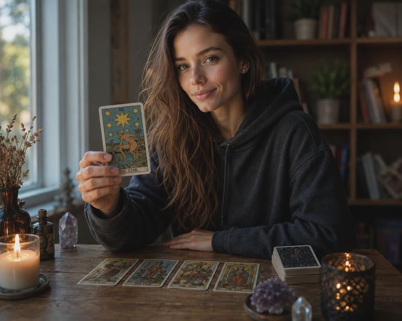 May include: A woman holding a tarot card with a star design, surrounded by other tarot cards on a wooden table. A lit candle, crystals, and a decorative candle holder are also on the table. The woman is wearing a dark gray hoodie.