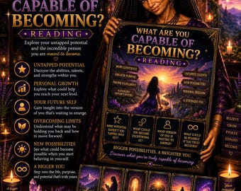 Op de afbeelding: Een rechthoekige poster met de titel What Are You Capable Of Becoming? Reading, met een zonsonderganglandschap, zes tarotkaarten met de labels Potential, Growth, Opportunity, Transformation, Freedom en Your Next Chapter, en tekst over persoonlijke groei.