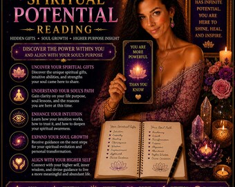 May include: A promotional graphic for a Spiritual Potential Reading featuring text, a person holding a card that reads You Are More Powerful Than You Know, and an open journal listing Spiritual Gifts and Soul Path with lotus and candle icons.