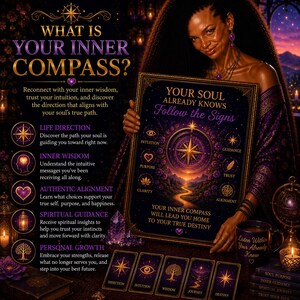 May include: A rectangular poster titled WHAT IS YOUR INNER COMPASS? featuring a central golden compass illustration, purple floral accents, and text including YOUR SOUL ALREADY KNOWS Follow the Signs and YOUR INNER COMPASS WILL LEAD YOU HOME.