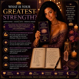 Peut inclure: Une affiche informative violet foncé intitulée WHAT IS YOUR GREATEST STRENGTH? avec du texte sur la perspicacité, le pouvoir caché et les dons naturels. Elle comprend une liste de forces, un carnet à spirales et un stylo doré.
