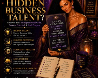May include: A promotional graphic titled What Is Your Hidden Business Talent? featuring a person holding a sign with text about vision and wealth, alongside a notebook listing strengths like creativity and leadership, a mug, and crystals.