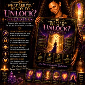 May include: A poster titled What Are You Ready To Unlock? Reading, featuring a golden key and open door illustration. Below, six tarot-style cards display symbols like a key, butterfly, tree, and heart with labels including Unlock, Potential, and Abundance.