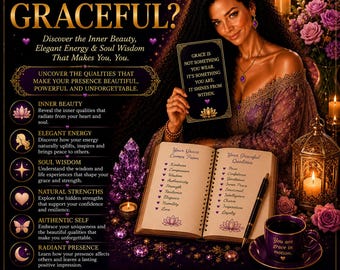 May include: A promotional graphic titled WHAT MAKES YOU GRACEFUL? featuring a person holding a card with text about inner beauty, an open book listing graceful qualities, a purple coffee cup, a gold lantern, and purple crystals on a dark background.