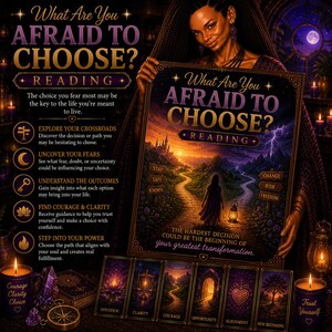May include: A poster titled What Are You AFRAID TO CHOOSE? READING featuring a path diverging into two directions, one labeled Stay, Safe, Known and the other Change, Risk, Freedom. Below are six tarot cards labeled Intuition, Clarity, Courage, Opportunity, Alignment, and New Beginning, with two candles labeled Courage Clarity Choice and Trust Yourself.