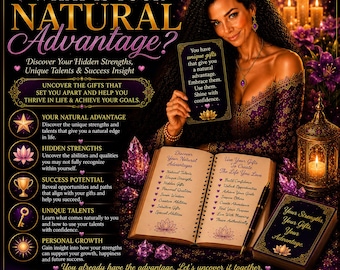 May include: A promotional graphic titled What Is Your Natural Advantage? featuring a person holding a card with text about unique gifts. An open book displays lists of strengths and talents, surrounded by purple crystals and a lit lantern.