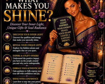 May include: A promotional graphic featuring a person holding a book titled 'YOUR LIGHT INSPIRES. YOUR ENERGY HEALS. YOUR HEART LEAVES A LASTING IMPACT.' An open journal displays lists under 'Your Light Within' and 'What Makes You Shine' with a pen, crystals, and a mug.