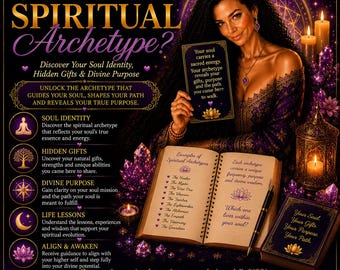 May include: A digital graphic titled What Is Your Spiritual Archetype? featuring a person holding a card with text, an open book listing archetypes like The Healer and The Mystic, purple crystals, a lantern, and gold decorative accents.