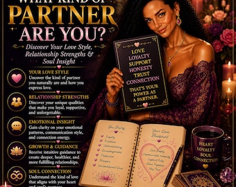 May include: A promotional graphic titled WHAT KIND OF PARTNER ARE YOU? featuring a person holding a sign with the text LOVE LOYALTY SUPPORT HONESTY TRUST CONNECTION. An open journal displays a list of traits and a Love Blueprint, alongside a mug with the text HEART LOYALTY SOUL CONNECTION and a deck of cards.