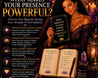 May include: A dark-themed informational graphic featuring a person holding a sign that reads: YOUR PRESENCE IS YOUR POWER. OWN IT. EMBRACE IT. SHINE. The image includes a spiral-bound notebook with lists of qualities, a mug with text, and candles.