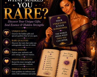 May include: A promotional graphic titled WHAT MAKES YOU RARE? featuring a person holding a purple book with the text YOUR UNIQUENESS IS YOUR SUPERPOWER. An open journal lists traits like Intuitive and Creative, alongside a mug with the text RARE SOUL BEAUTIFUL HEART UNLIMITED POTENTIAL and several purple crystals.