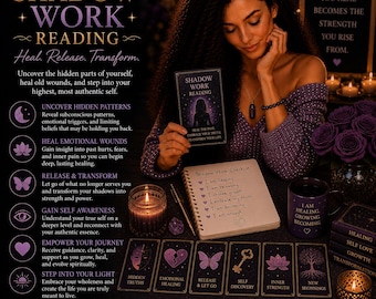 Puede incluir: Imagen promocional de Shadow Work Reading, con una mujer, cartas del tarot y una lista de verificación. El texto destaca la curación, la liberación y la transformación. También se ven una vela y una taza con la inscripción "I am healing, growing, becoming".