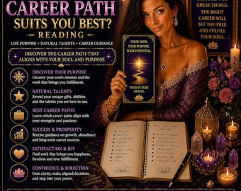 May include: A promotional graphic for a career path reading featuring text that reads: WHAT CAREER PATH SUITS YOU BEST? READING. LIFE PURPOSE, NATURAL TALENTS, CAREER GUIDANCE. DISCOVER YOUR PURPOSE, NATURAL TALENTS, BEST CAREER PATHS, SUCCESS & PROSPERITY.