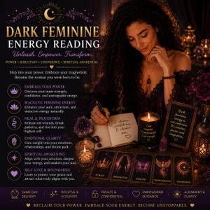 May include: An advertisement for a Dark Feminine Energy Reading. The image features a woman with dark curly hair, tarot cards, candles, and text that reads "Unleash. Empower. Transform."