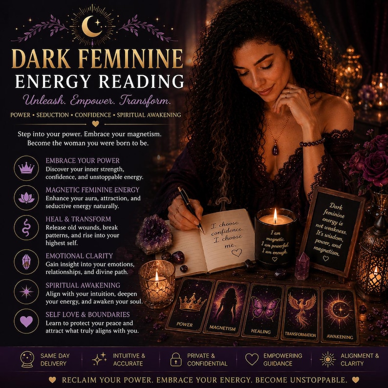 May include: An advertisement for a Dark Feminine Energy Reading. The image features a woman with dark curly hair, tarot cards, candles, and text that reads "Unleash. Empower. Transform."