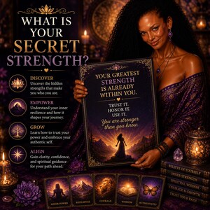 Peut inclure: Une affiche rectangulaire avec le texte WHAT IS YOUR SECRET STRENGTH? et YOUR GREATEST STRENGTH IS ALREADY WITHIN YOU. TRUST IT. HONOR IT. USE IT. You are stronger than you know. L'affiche montre la silhouette d'une personne devant un paysage de montagne au coucher du soleil, entourée de cinq petites cartes intitulées INNER POWER, RESILIENCE, COURAGE, WISDOM et AUTHENTICITY.