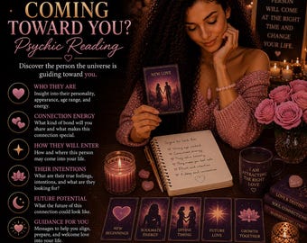Puede incluir: Anuncio de lectura psíquica con el texto "¿Quién viene hacia ti?" Una mujer sostiene una carta de "Nuevo Amor", rodeada de cartas del tarot, una vela y un cuaderno. El tema es el amor y las relaciones.