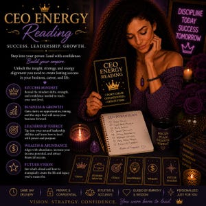 May include: An inspirational image featuring a woman holding a book titled "CEO Energy Reading." The image includes a notebook with a "CEO Power Plan," tarot cards, and a mug. The text promotes success, leadership, and growth.