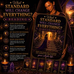 Könnte beinhalten: Ein Poster mit dem Titel What Standard Will Change Everything? Reading, das eine Person in einem violetten Kleid zeigt, die eine Steintreppe in Richtung eines goldenen Lichts hinaufgeht. Der Text listet Schritte wie Respect, Effort, Boundaries, Self-Worth und No More Settling auf.