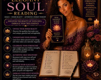 May include: A promotional graphic for an Elegant Soul Reading featuring text, a person holding a card that reads Your Elegance Is Your Power, and an open journal listing qualities like Grace, Kindness, and Intuition, surrounded by candles and flowers.