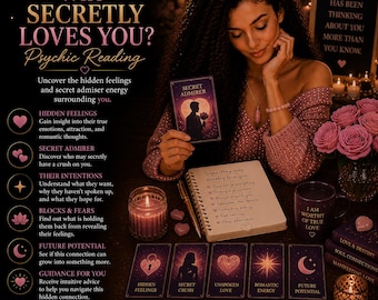 May include: A psychic reading advertisement with the text "Who Secretly Loves You?" A woman holds a card labeled "Secret Admirer" and sits near tarot cards, a notebook, and a candle. The image has a romantic theme.
