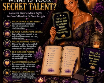 May include: A promotional graphic titled WHAT IS YOUR SECRET TALENT? featuring a person holding a book with the text THE TALENT YOU'VE BEEN SEARCHING FOR IS ALREADY WITHIN YOU. An open book lists Hidden Gifts and Natural Abilities, alongside a laptop displaying Your gift is your power. Your talent is your purpose. and a mug with the text BELIEVE IN YOUR GIFTS.