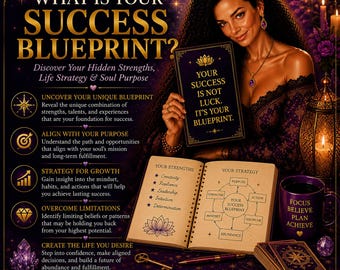 May include: A promotional graphic titled WHAT IS YOUR SUCCESS BLUEPRINT? featuring a person holding a book with the text YOUR SUCCESS IS NOT LUCK. IT'S YOUR BLUEPRINT. An open journal displays a diagram labeled YOUR STRATEGY and a list of strengths.