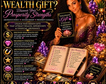 May include: A promotional graphic featuring text titled What Is Your Wealth Gift? Discover Your Prosperity Strengths. It includes an open book listing wealth gifts and abundance paths, stacks of cash, purple crystals, and a gold pen on a dark background.