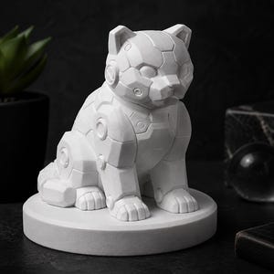 May include: A white matte sculpture of a seated cat with a geometric, robotic aesthetic. The figure features segmented, panel-like detailing across its body and head, resembling mechanical armor. It is positioned on a circular white base.