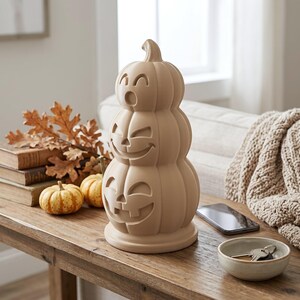 May include: A vertical stack of three carved pumpkins in a matte beige finish. The top pumpkin has a surprised expression, the middle has a wide grin, and the bottom has a classic jack-o'-lantern face with teeth. The sculpture has a smooth texture.
