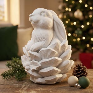 May include: A matte white decorative figurine featuring a rabbit sitting atop a large pinecone. The rabbit has long ears and textured fur details. The base of the pinecone is adorned with a sculpted holly leaf and berry cluster on the front side.