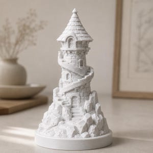 May include: A white, monochromatic sculpture of a stone tower perched atop a rocky base. The tower features a conical roof, a winding external staircase that spirals around the structure, multiple arched doorways, and small windows.