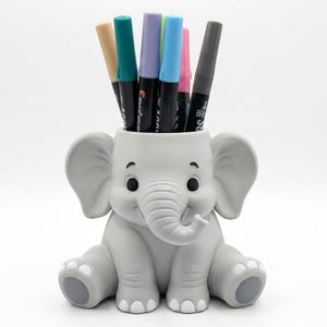 Cute Elephant Pencil Holder, 3D Printed Desk Organizer, Baby Elephant Makeup Brush Cup, Safari Nursery Decor, Unique Teacher Gift