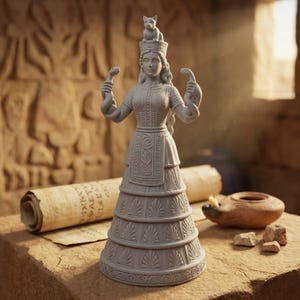 Könnte beinhalten: Eine graue, mattierte Figur einer Göttin im minoischen Stil, die einen gestuften, gemusterten Rock und eine Krone mit einer kleinen Katze trägt. Die Figur hält in jeder erhobenen Hand eine Schlange und zeigt detaillierte Schnitzereien.
