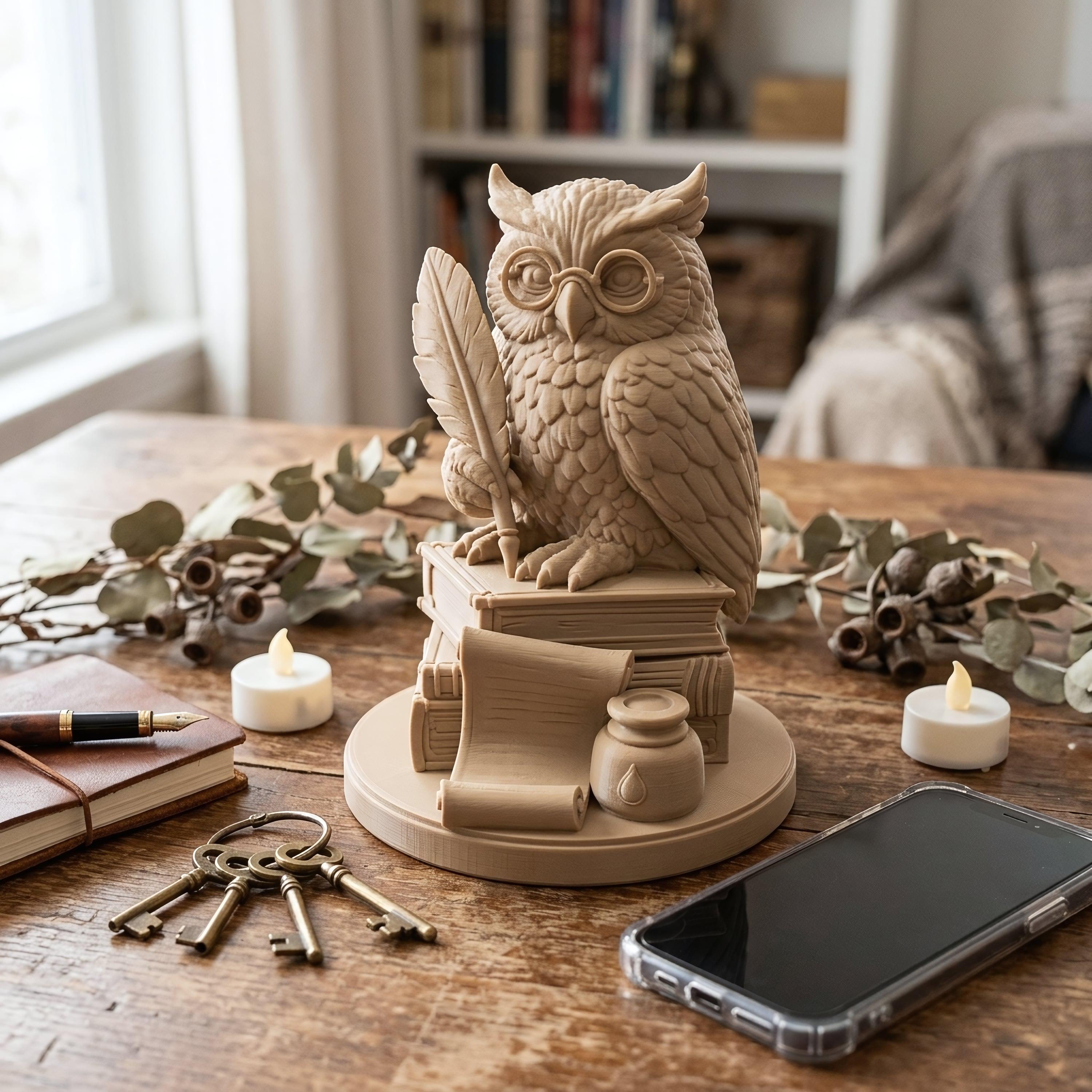 Owl Statue with Books, Wise Horned Owl Figurine, 3D Printed Scholar Sculpture, Bookshelf Decor, Gift
