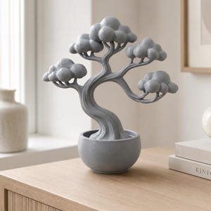 Minimalistische Bonsai-Baum-Statue - 3D gedruckte Zen-Schreibtisch-Skulptur, mattgraue Japandi-Wohnkultur, künstlicher Pflanzenakzent, Meditationsgeschenk