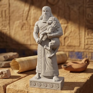 Gilgamesh Epic Hero with Lion Statue, 3D Printed Mesopotamian Bookshelf Decor