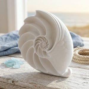 Pode incluir: Uma escultura de concha de náutilo em branco mate com um design detalhado de câmaras em espiral. O objeto tem uma superfície lisa e limpa com uma textura subtil, exibindo a curva logarítmica natural da concha numa forma sólida e vertical.