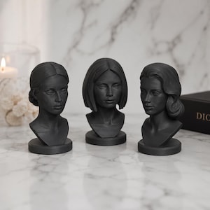 Könnte beinhalten: Drei schwarze Büstenskulpturen von Frauen mit unterschiedlichen Frisuren. Die Skulpturen stehen auf runden Sockeln und sind in einer Reihe angeordnet. Die Büsten sind detailliert und haben eine matte Oberfläche. Der Hintergrund ist marmoriert.