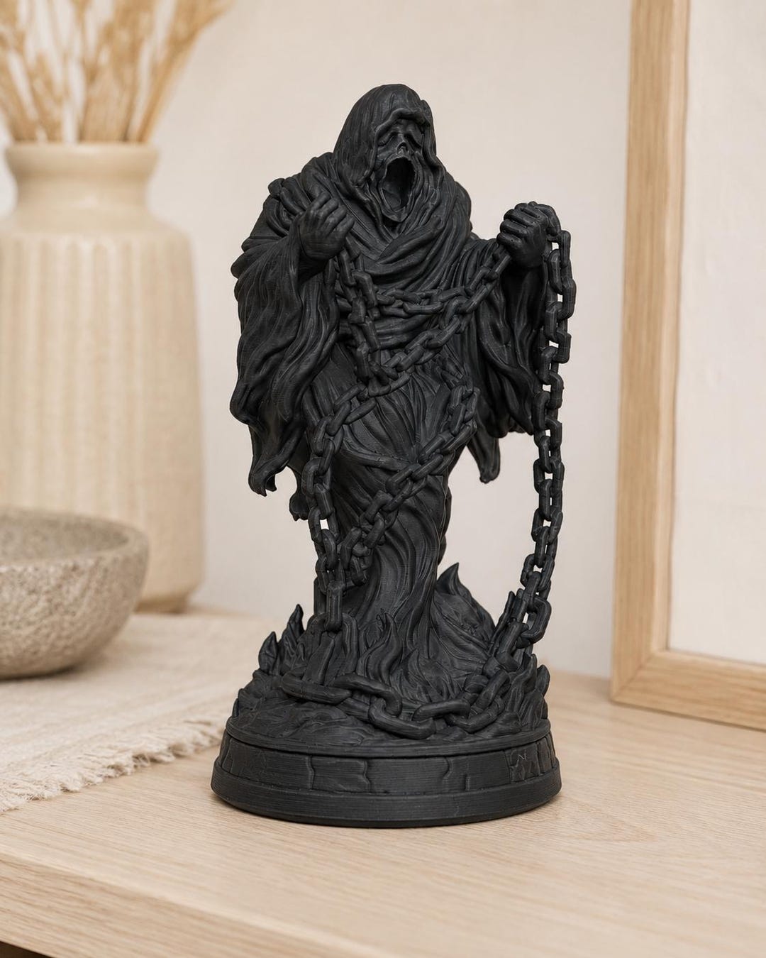 Large Grim Reaper Statue, 8 Inch Chained Wraith Figurine, Matte Black ...