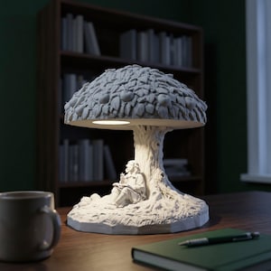 Pode incluir: Um candeeiro de mesa escultural branco em forma de árvore com uma copa densa de folhas e frutos. Debaixo da árvore, uma figura está sentada a ler um livro. O candeeiro possui uma fonte de luz circular integrada na base da copa.
