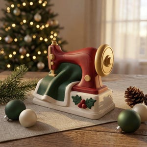 May include: A decorative tabletop figurine shaped like a vintage sewing machine. The machine is red with a gold wheel, featuring a dark green fabric draped over the base. The base is cream-coloured and decorated with a green holly leaf and red berry motif.