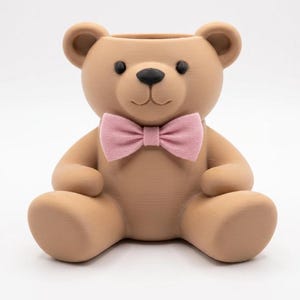3D Printed Teddy Bear Desk Organizer, Cute Pencil Holder with Pink Bow Tie, Kawaii Succulent Planter, Aesthetic Makeup Brush Holder
