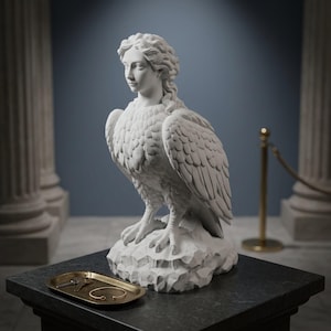 May include: A white sculpture of a hybrid creature with a human head and the body of an eagle, perched on a rocky base. In front of the sculpture sits a small, rectangular gold-toned metal tray containing a thin gold bracelet and a small metal key.