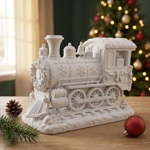 Könnte beinhalten: Eine mattweiße Keramik-Zugfigur mit einem Kranz an der Vorderseite, Schneeflockenmustern auf dem Kessel, einer Glocke und einem Geschenk in der Kabine. Die Lokomotive steht auf einem strukturierten Sockel, der Schnee und Bahngleise darstellt.