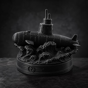 May include: A matte black submarine model mounted on a sculpted base depicting stylized ocean waves. The submarine features a conning tower with periscopes, and the circular base displays a small anchor emblem centered on the front side.