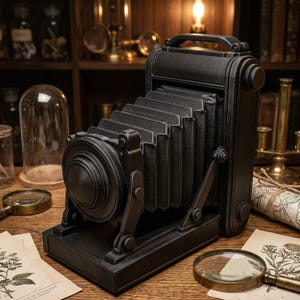 Peut inclure: Un appareil photo à soufflet pliant noir mat doté d'un objectif circulaire central, d'une section médiane en accordéon plissé et d'un corps rectangulaire avec une poignée supérieure, présentant des textures en couches visibles sur tout le cadre.
