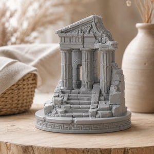May include: A light gray decorative sculpture of a ruined ancient Greek temple featuring fluted columns, a pediment with relief carvings, and a set of stairs leading to an arched entrance, all set upon a circular base with a Greek key pattern border.