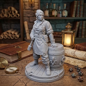 May include: A gray resin miniature figurine of a character wearing a collared shirt, apron, and gloves, holding a mallet while leaning on a wooden barrel. The figure stands on a circular base with a plank floor design, featuring a skull emblem on the barrel.