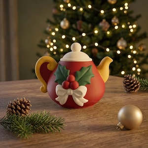 May include: A red teapot featuring a white lid, a yellow handle, and a yellow spout. The front is decorated with a raised green holly leaf design, three red berries, and a white bow. The teapot has a smooth finish and a rounded shape.